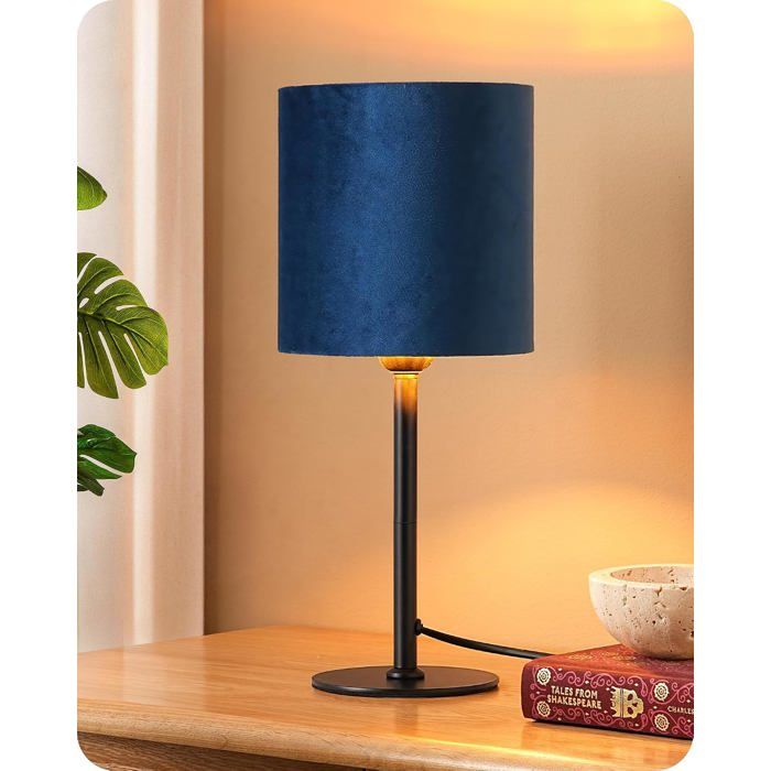 Lampe de Chevet Abat-Jour Velours Socle Métal Bleu Foncé Douille E27 Blanc Chaud 2700 K Ampoule LED 4 W Incluse 38 cm