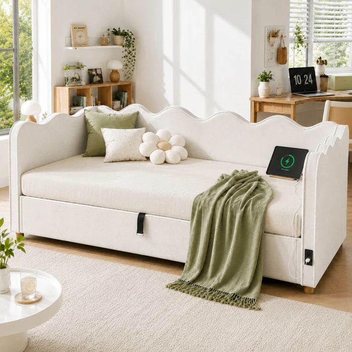 Lit banquette rembourré 90x200 cm en velours coloris beige avec dossier coffre relevable sommier à lattes sans matelas