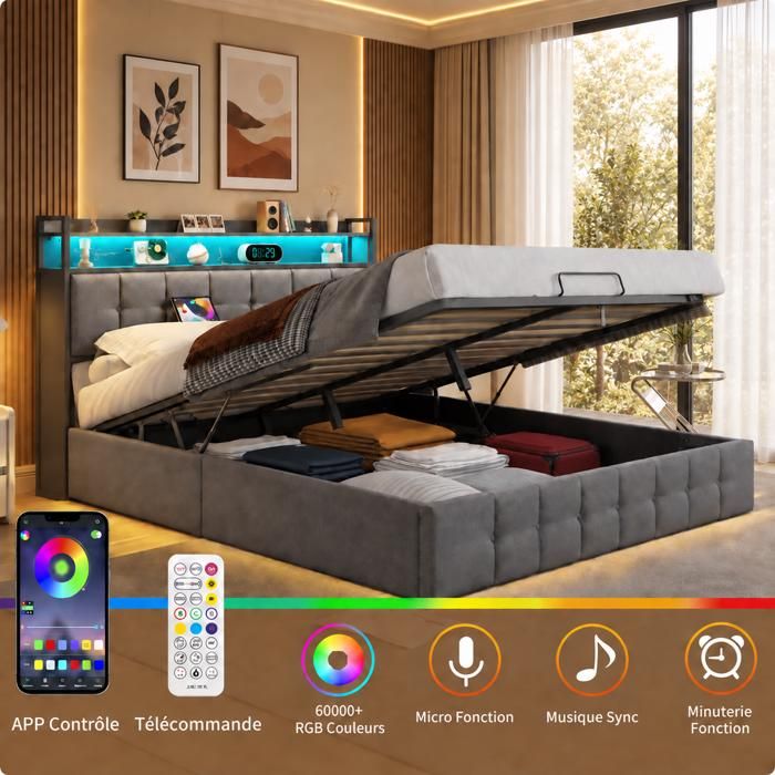 Lit coffre 160x200 en Lin avec sommier - Tête de lit étagère LED et port USB Type-C - Rangement de chevet - Dossier rembourré - Gris