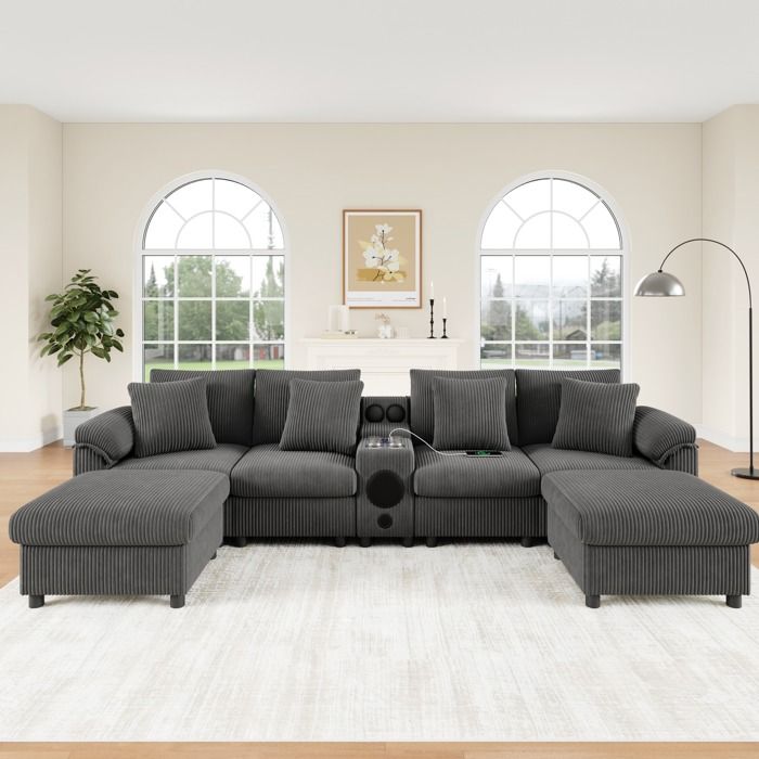 HOMVRA Canapé modulable 6 places gris en velours côtelé avec console Bluetooth 2 poufs et rangement