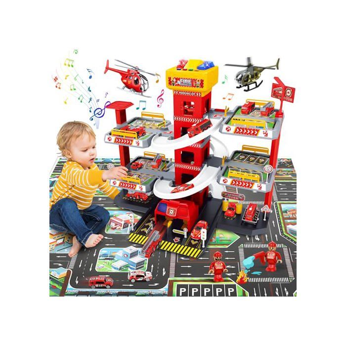 Univers miniature - GENERIQUE - 5 Etages Garage pour Enfants - Ascenseur - Station-service - 8 voitures + 3 hélicos