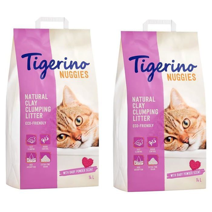 Nuggies Lot de 2 litière pour chat Parfum poudre pour bébé 2 x 14 l - Argile