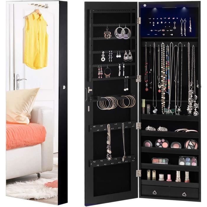 GOPLUS Armoire à Bijoux Mural/Suspendu avec Éclairage LED-36L x 10l x 120H cm-Miroir Plein sans Cadre et 2 Tiroirs Noir