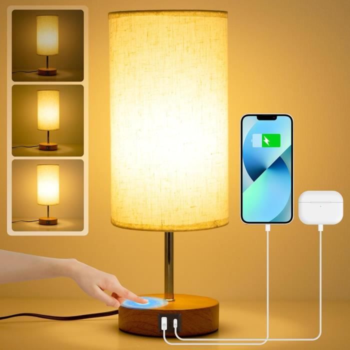 Veilleuse Touch dimmable, lampe de chevet, lot de 2 avec 2 ampoules, 2  connexions USB
