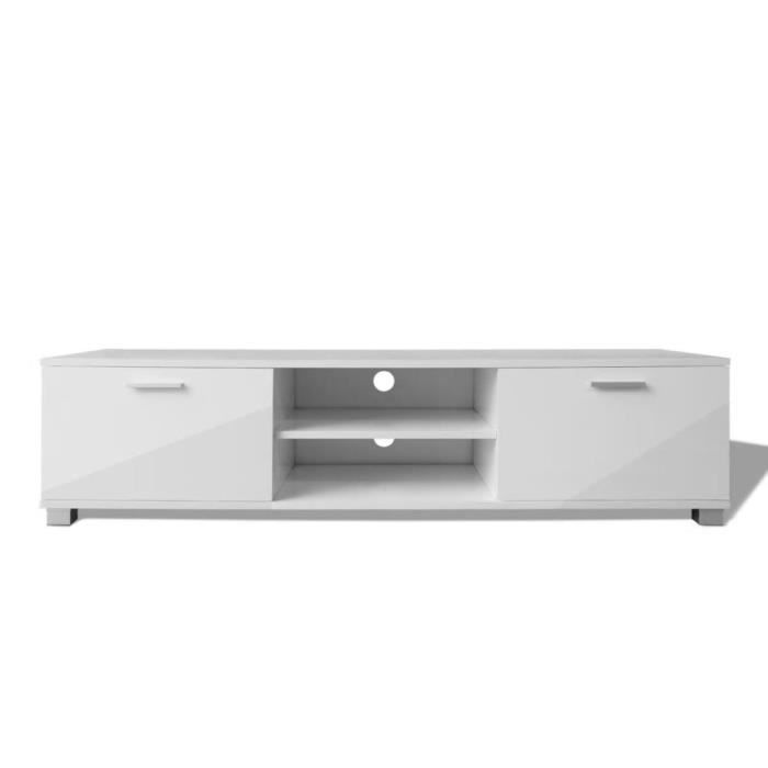 Meuble TV KAI à haute brillance blanc 140 x 40 3 x 34 7 cm - 2 étagères 2 compartiments avec portes Meuble TV KAI à haute brillance blanc 140 x 40 3 x 34 7 cm - 2 étagères 2 compartiments avec portes