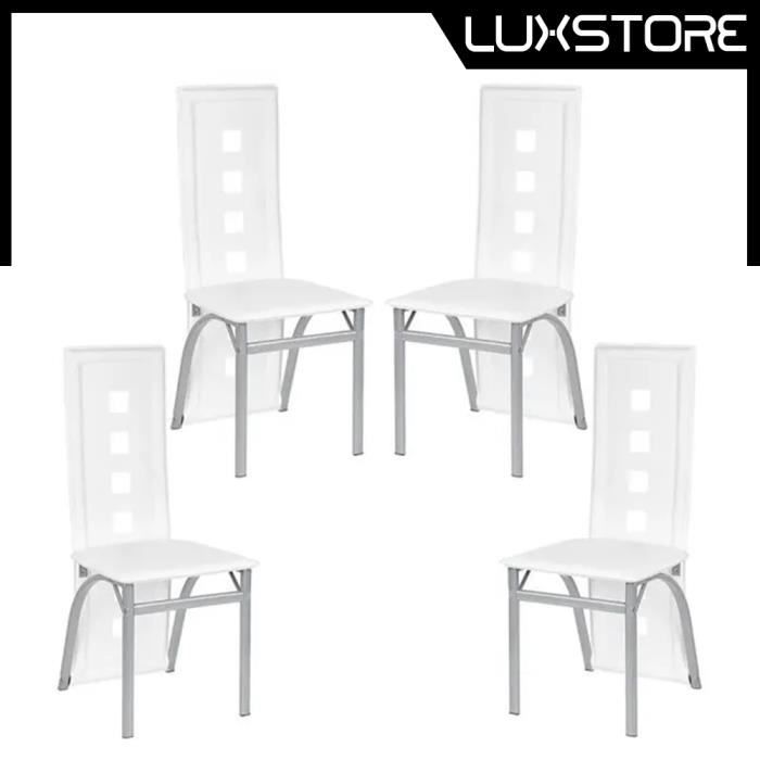 LUXS Lot de 4 Chaises salle à manger Blanc - en simili et inox - solide et confortable - hauteur d’assise 43 cm
