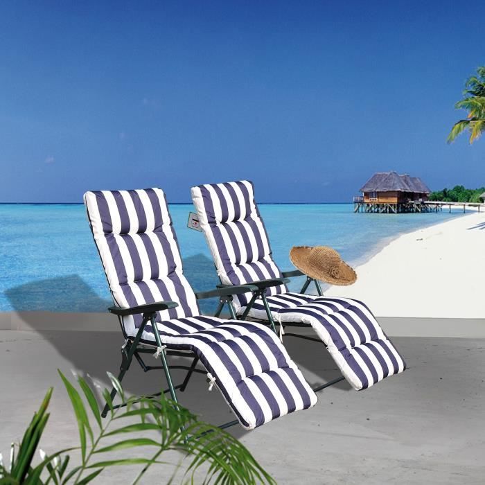 Lot de 2 chaise longue bain de soleil adjustable pliable transat lit de jardin en acier bleu + blanc 12