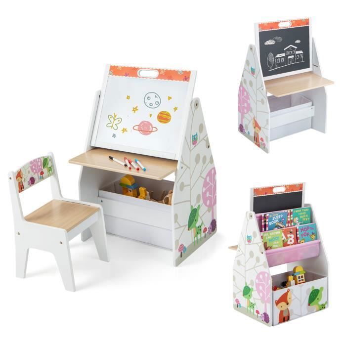 COSTWAY 3 en 1 Table et Chaise Enfants Double Face-Tableau Blanc et Noir Magnétique avec Bac en tissu & Étagère Rangement Blanc COSTWAY 3 en 1 Table et Chaise Enfants Double Face-Tableau Blanc et Noir Magnétique avec Bac en tissu & Étagère Rangement Blanc