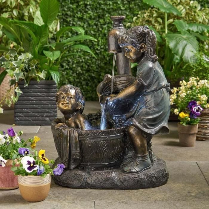 Fafeicy Statue Enfant Jardin Résine Fontaine Bain d'eau Entrain de S'embrasser Boire Décorations Extérieur