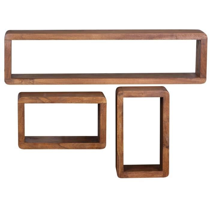 FineBuy Étagère murale Lot de 3 Bois Massif Étagère en bois Étagère à livres [Sheesham]