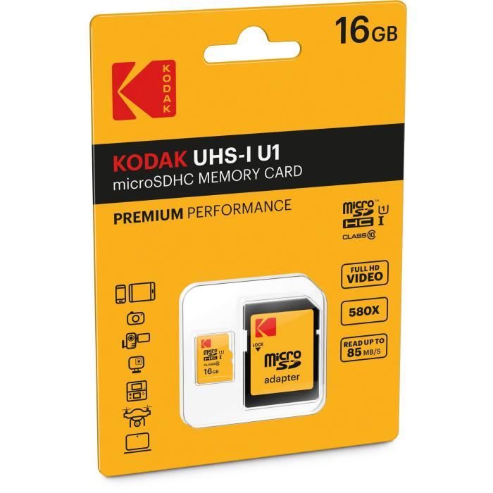 Carte mémoire microSDHC KODAK Class10 U1 - 16 GB - Jaune - Jusquà 85 Mo/s