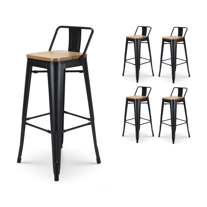kosmi - lot de 4 chaises de bar style industriel avec dossier en métal noir mat et assise en bois clair - hauteur assise 76 cm