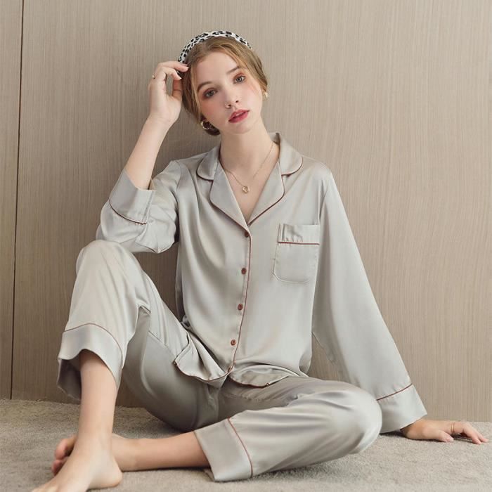 Ensemble Pyjama Femme Hiver Coton Manches Longues Col Rond Imprimé - Pantalon Poches Doux Et Chaud