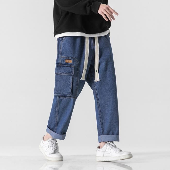 Pantalon Cargo en Jeans Homme Loose Fit Taille Elastique Pantalon en Denim  Effet Délavé et Blanchi Bleu fonce - Cdiscount Prêt-à-Porter