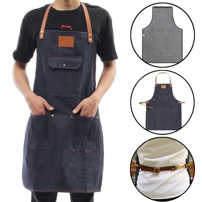 Tablier de cuisine en denim avec bretelles en cuir réglables - Chef - Sommelier - Boulangerie - Hôtel