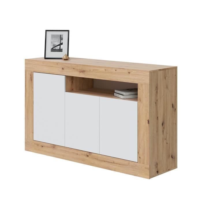 Buffet meuble de rangement en panneau de particules mélaminé blanc mat et chêne - Hauteur 87 x Longueur 144 cm x Profondeur 42 cm
