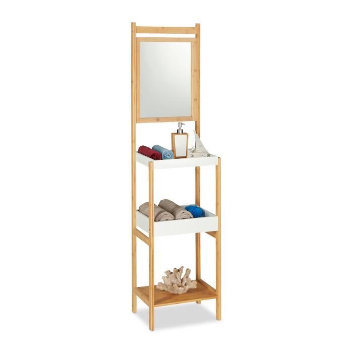 relaxdays etagere de salle de bain en bambou avec miroir 3 espaces de rangement ouvert hxlxp 162x40x30 cm naturel achat vente armoire de toilette etagere en bambou avec miroir cdiscount