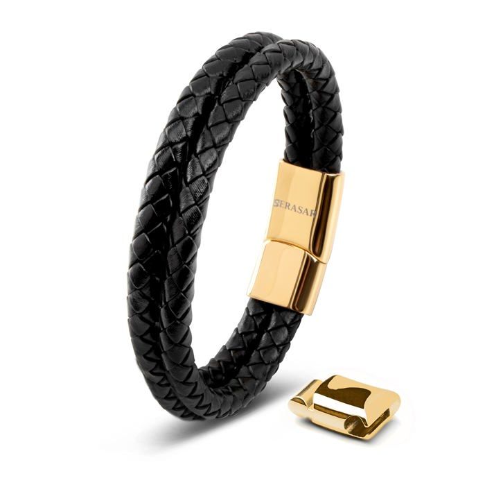 Bracelet Homme En Cuir Et Acier - Fermoir Magnétique - Personnalisable Gravure - Cadeau Pour Père, Mari, Frère - Avec Boîte