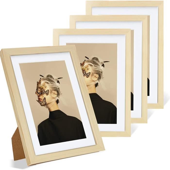 Lot de 4 Cadre Photo A4 Bois, Cadre en Bois Massif Mural, Cadre Dormat ...