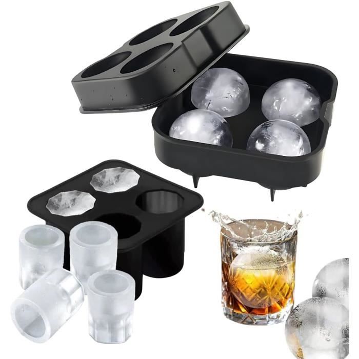 Lot De 4 Moules à Glaçons Sphériques En Silicone Noir - Grand Format 8,5x6,3 Cm - Avec Couvercle étanche Et Entonnoir - Pour Whisky Et Cocktails - 2