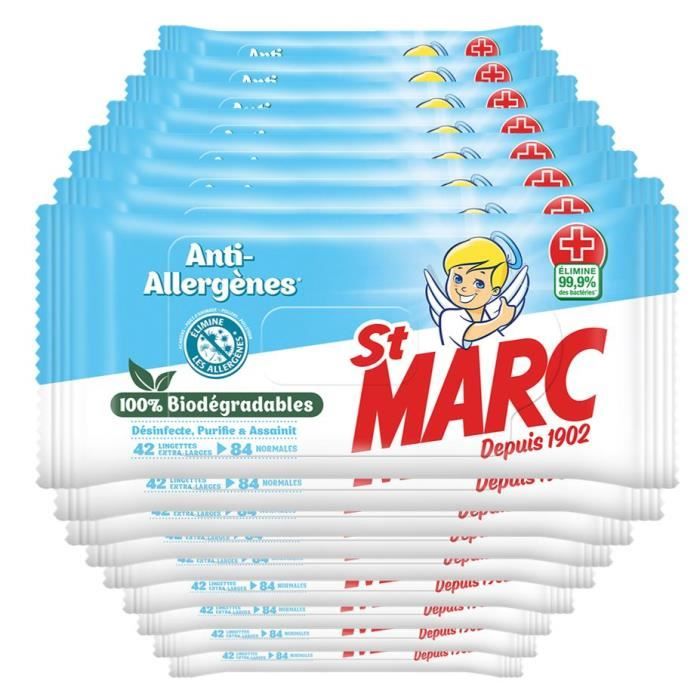 St Marc Lingette nettoyante Désinfectante Anti-Allergènes & Biodégradable,  42 Lingettes antibactérien Extra-larges, Lot de 16, L'emballage peut varier