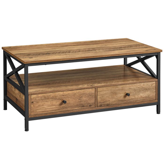 Table basse - VASAGLE - Marron châtaigne et noir - Vintage - 2 tiroirs et 1 compartiment ouvert Table basse - VASAGLE - Marron châtaigne et noir - Vintage - 2 tiroirs et 1 compartiment ouvert