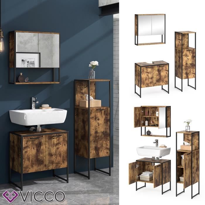 ensemble mobilier de salle de bains vicco loft fyrk vintage, armoire de toilette, chiffonnier, meuble sous-vasque