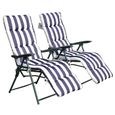 Lot de 2 chaise longue bain de soleil adjustable pliable transat lit de jardin en acier bleu + blanc 12-1