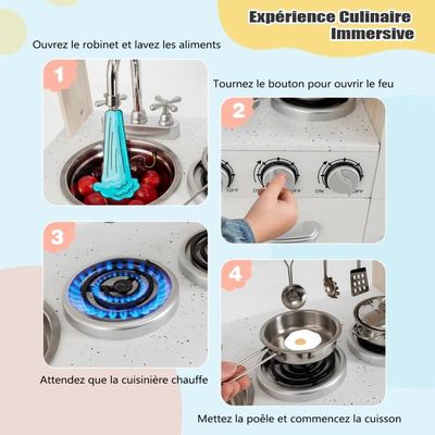 DREAMADE Cuisine Enfant de 3+ Ans, avec Micro-Ondes, Cuisinière, Téléphone, Cuisine en Bois avec 5 Accessoires, Équipé Sonore et Lumineuse (Blanc