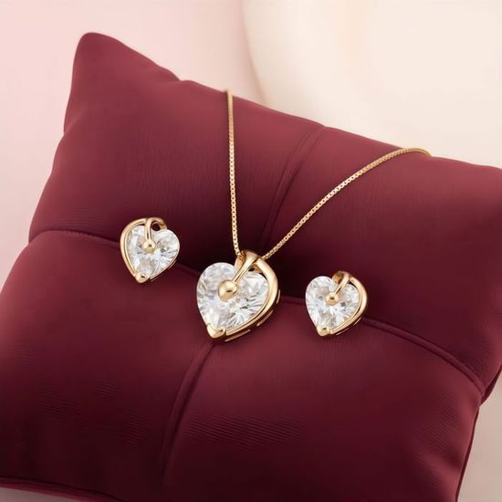 Parure De Bijoux Cœur Rouge Et Strass Blanc Sur Métal Doré - Sans Nickel - Neuve Avec étiquettes