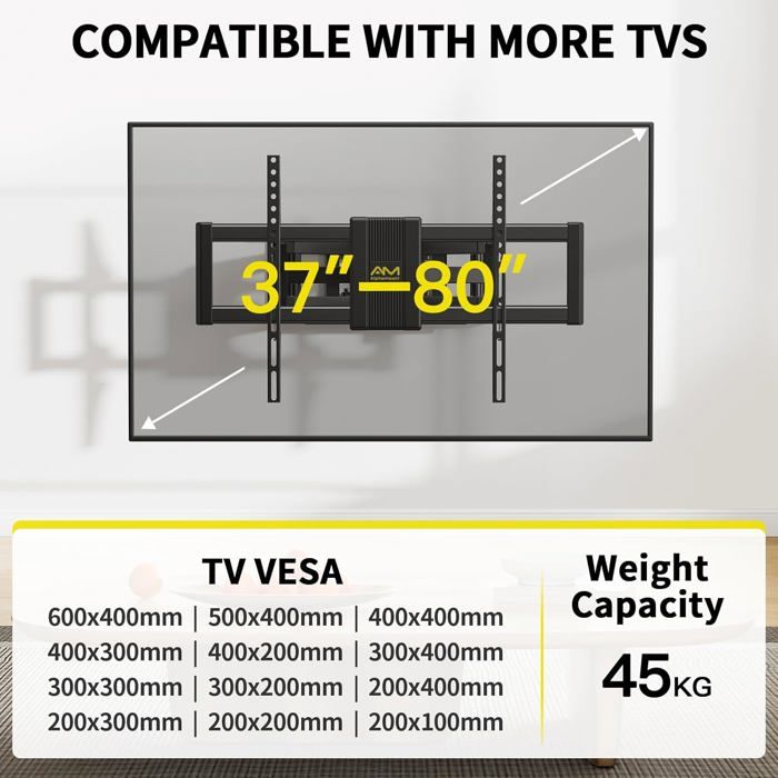 Alphamount Support Mural TV Complet 37-75 Pouces Jusqu'à 45kg - Double Bras Pivotant Inclinable - APLF6-E