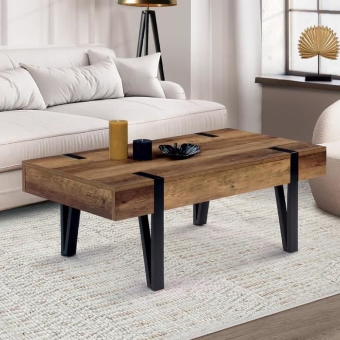 Table Basse Austria 1 Tiroir – Style Industriel Bois Clair Pieds Épingle Blanc, 100x55x40 Cm, Rangement Pratique Et Design Tendance