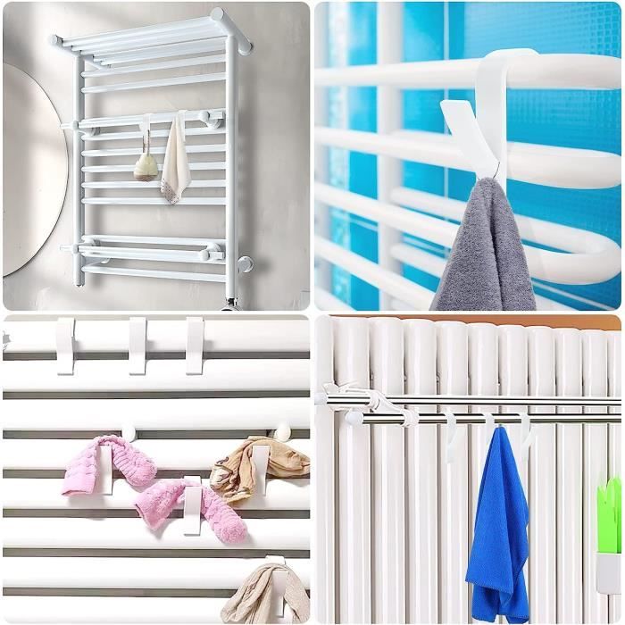 Lot De 8 Crochets Pour Radiateur Sèche-serviettes - Plastique Blanc, Dimensions 9.5x6cm, Pour Tuyaux Jusqu'à 2.5cm