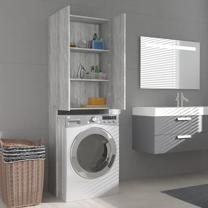 Meuble de salle de bain - Gris brillant 64x25,5x190 cm - Rangement buanderie  - Etagère machine à laver - Armoire lave-linge -ALA - Cdiscount Maison