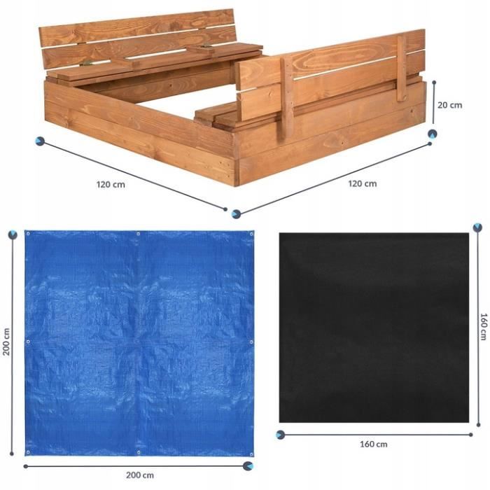 Bac à sable en bois - Springos® - 120 x 120 cm - Avec bancs - Bâche de