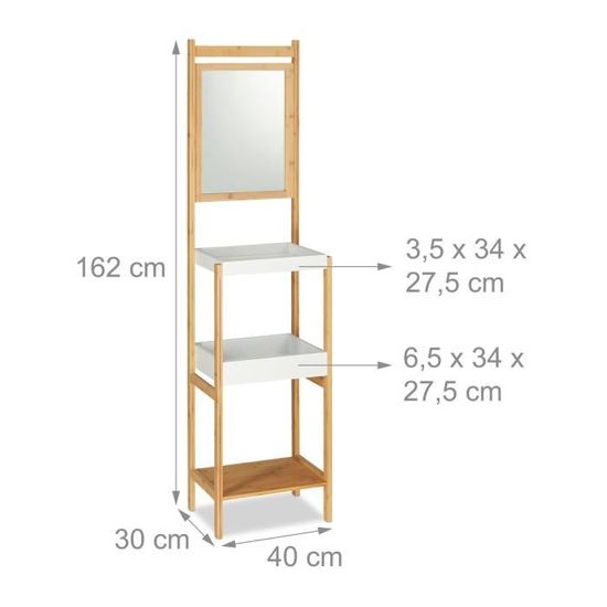 relaxdays etagere de salle de bain en bambou avec miroir 3 espaces de rangement ouvert hxlxp 162x40x30 cm naturel achat vente armoire de toilette etagere en bambou avec miroir cdiscount
