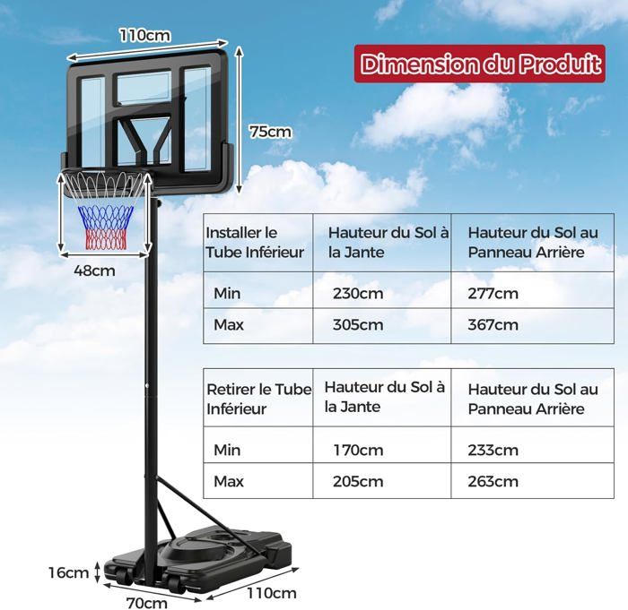 GYMAX Panier de Basket-Ball Mobile pour Intérieur et Extérieur, Réglable en Hauteur 149-305 cm, Panneau Incassable, Base et Sac de Poids Remplissables, pour Enfants, Adolescents, Adultes