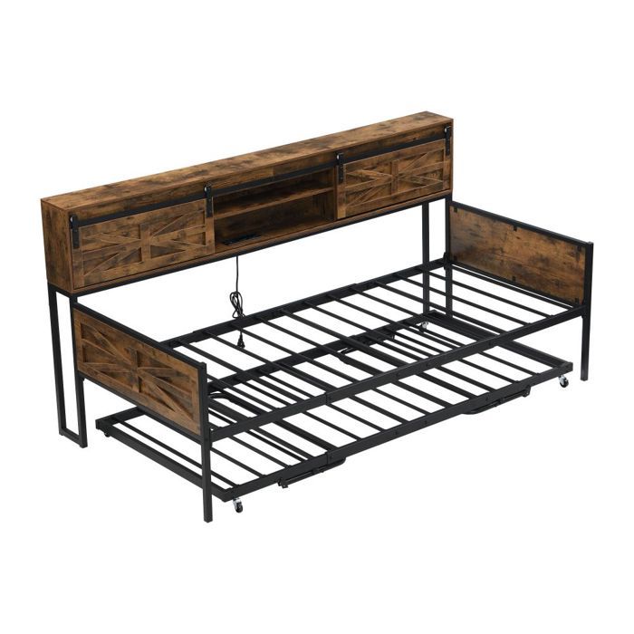 Lit 1 Place 90x200 Avec Bureau Pliant Et Rangement | Canapé-lit En Fer Avec éclairage LED Et Prises Intégrées | Sans Matelas, Marron/blanc