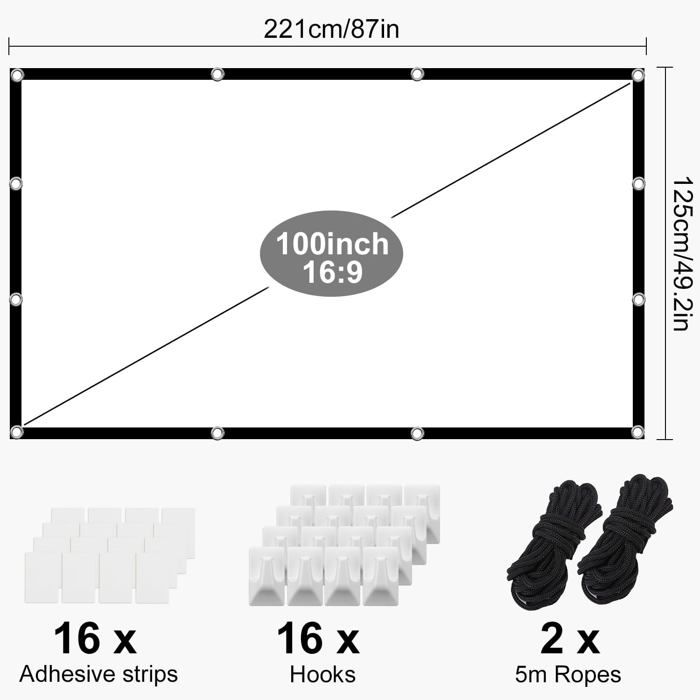 Zhufas Écran De Projection 100 Pouces 16:9 4K HD Pliable Portable – Idéal Cinéma Maison Extérieur Et Intérieur