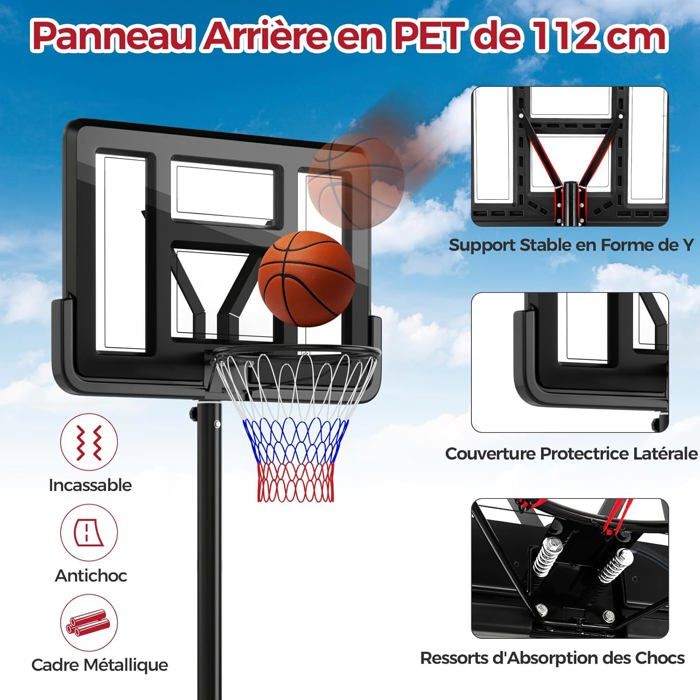 Panier De Basket GYMAX – Hauteur Réglable 225–305 Cm – Roues & Base Remplissable – Sac De Poids Inclus – Indoor/Outdoor