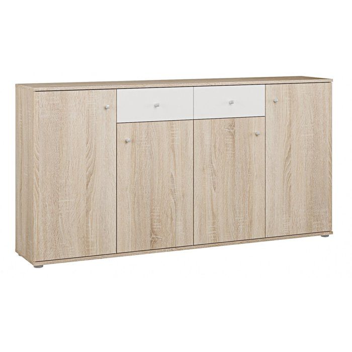 Buffet bas - Décor Chêne et blanc mat - 4 portes + 2 tablettes + 2 tiroirs - L 1592 x P 311 x H 817 cm