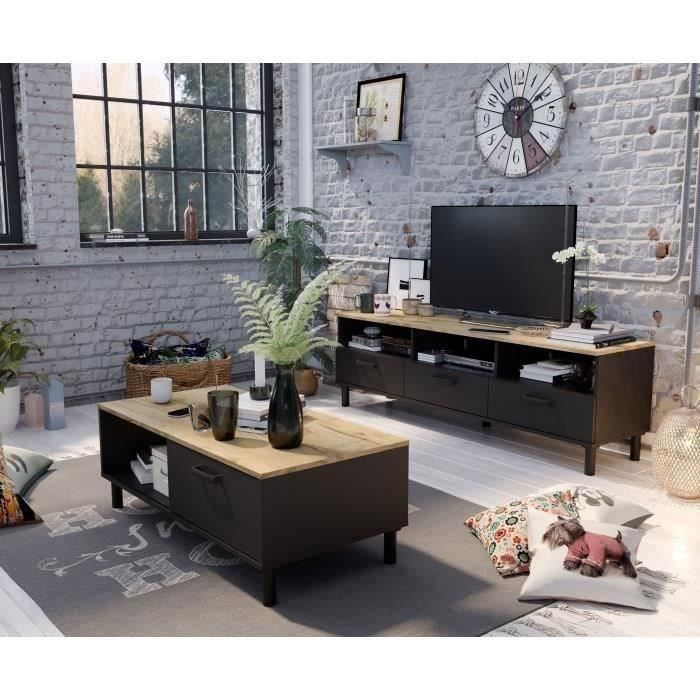 Ensemble Meuble TV+Table basse OXFORD - Style industriel - Mélaminé chêne noir - Table Basse: L110xP55xH40 - Meuble Tv: L159xP40xH49
