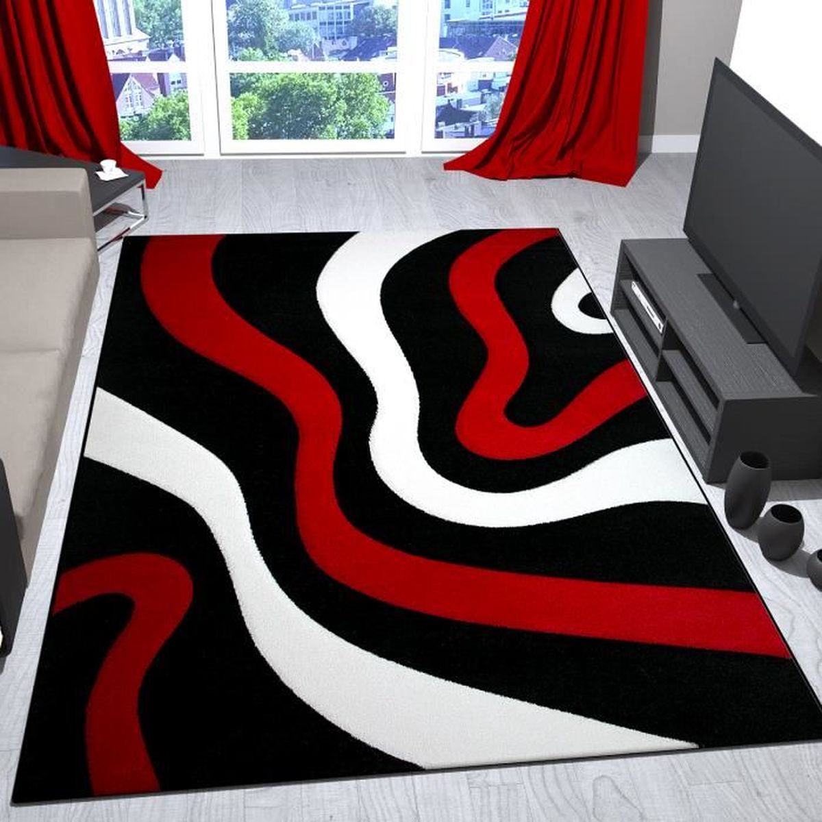 Tapis de salon rouge, noir et blanc avec vagues design - VIMODA, 80x150 ...