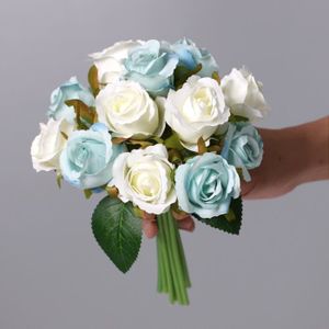 FLEUR ARTIFICIELLE bleu blanc - Bouquet De Roses Artificielles En Soie, 12 Fleurs, Pour Demoiselle D'honneur, Fournitures De Mar