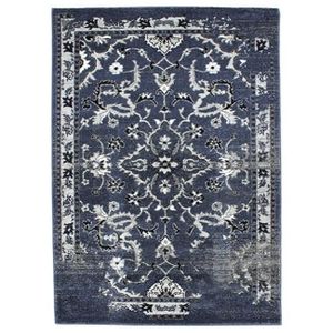 TAPIS DE COULOIR VENISE - Tapis aspect laine aux motifs floraux design orientale 133 x 190 cm Bleu anthracite