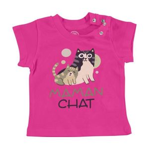 T-SHIRT T-shirt Bébé Manche Courte Rose Maman Chat et son Chaton Dessin Illustration Bebe