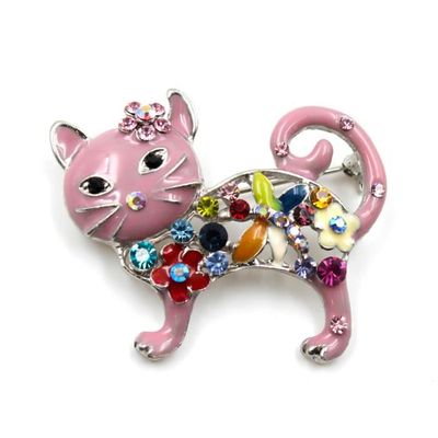 Broche Chat émaillée Et Strass Sur Métal Doré - Neuf Sans Emballage - Bijou Fantaisie Multicolore