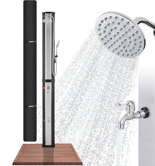AREBOS Douche solaire 60 L | avec douchette & thermomètre | Température de l'eau jusqu'à 60°C Douche piscine | Noir-Argent