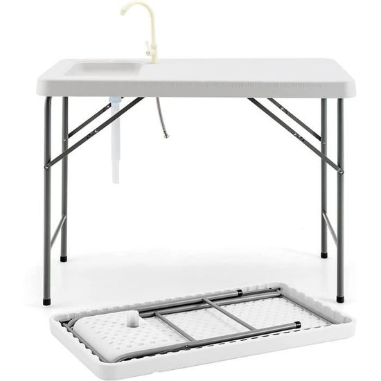 GOPLUS Table De Nettoyage Pliable Avec Évier Profond Et Robinet 360° - Table Camping Barbecue 115x59x94cm Blanc