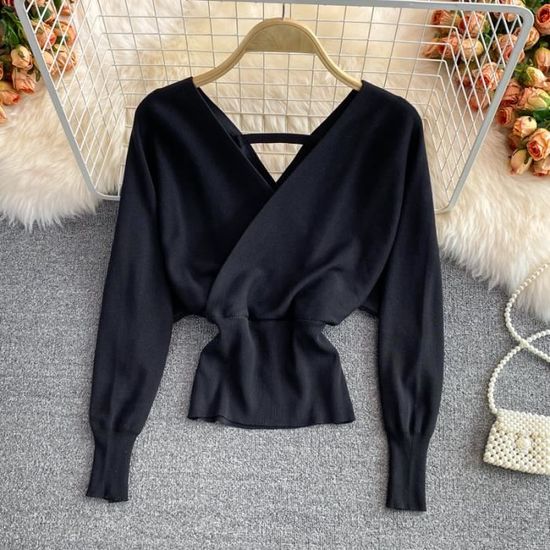 Pull Sisley Noir Col V Manches Chauve-souris - Taille M, Occasion En Très Bon état